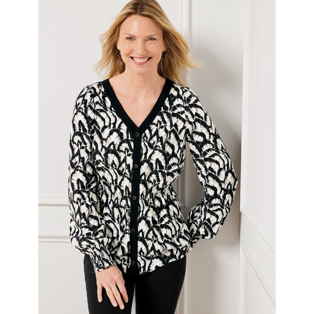 Talbots Smocked Top Blouse Women's XL Black White Gathered Feathers V Neck NWT